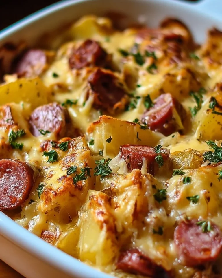 Casserole de pommes de terre au fromage et saucisse fumée, plat délicieux et réconfortant.