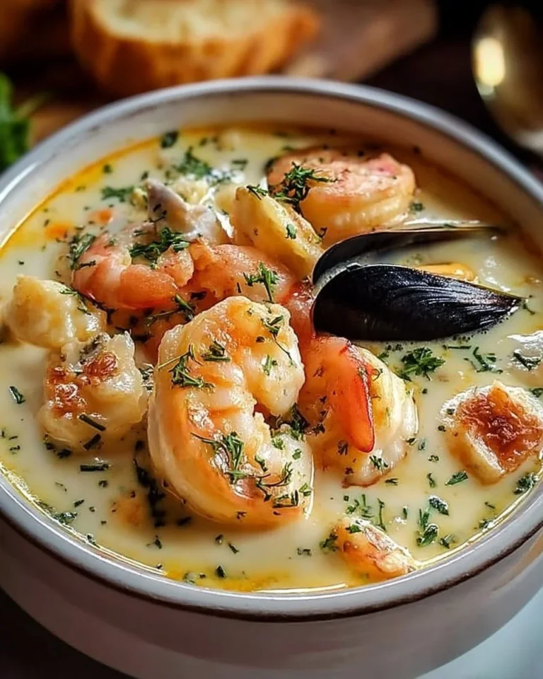 Bol de chaudrée crémeuse aux fruits de mer garnie de persil frais