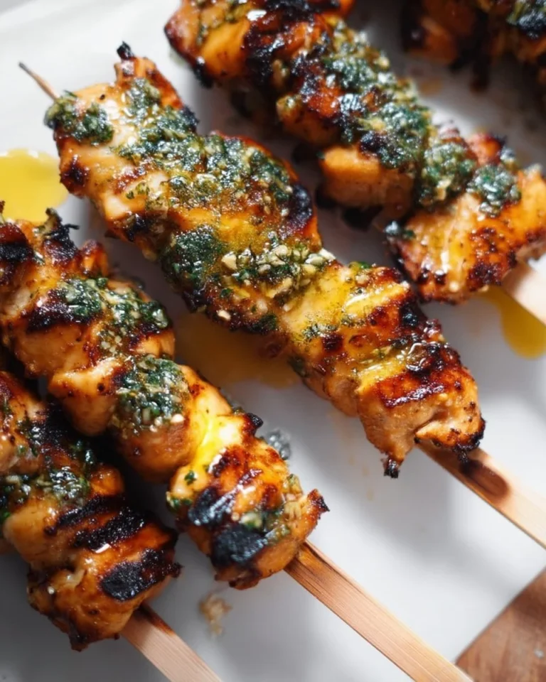 Brochettes de poulet marinées au beurre à l'ail et au miel prêtes à être servies.