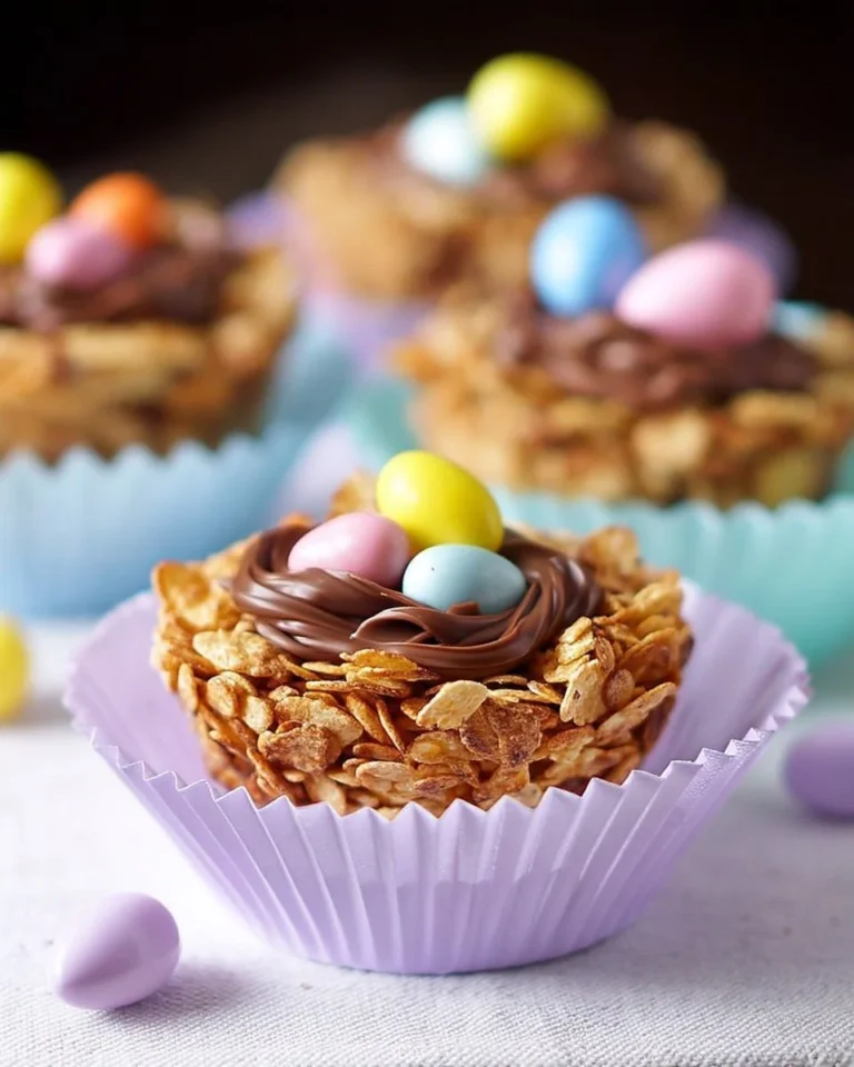 Nids de Pâques au chocolat et cornflakes décorés de bonbons