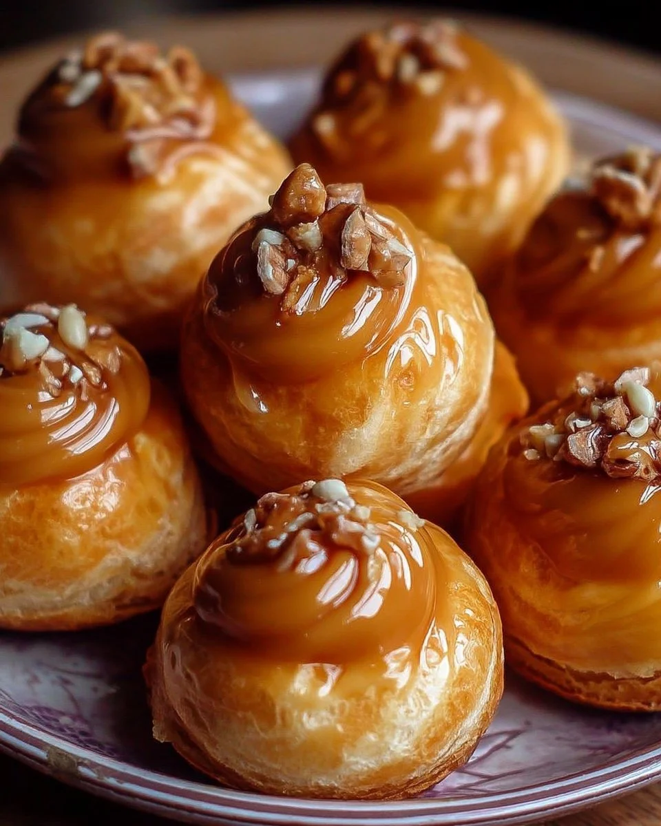 Choux caramel croustillants garnis de crème caramel et chocolat