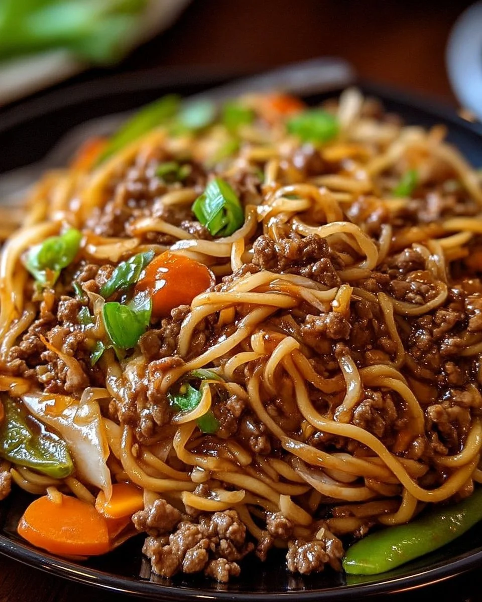Chow Mein au bœuf haché, plat de nouilles savoureux et appétissant