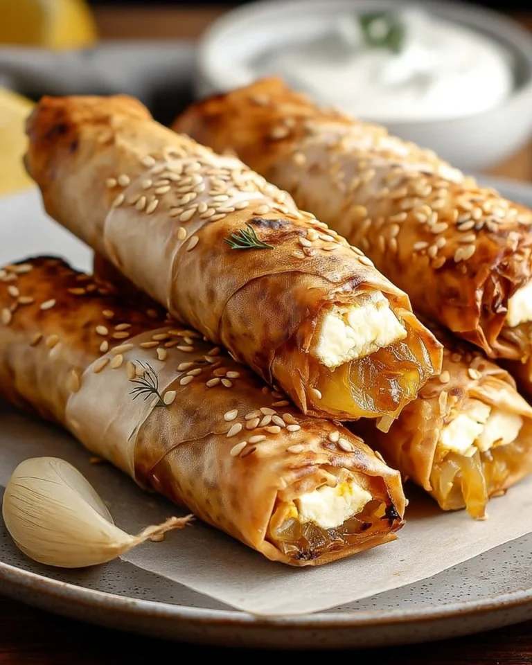 Cigares aux oignons caramélisés et fromage sur une assiette