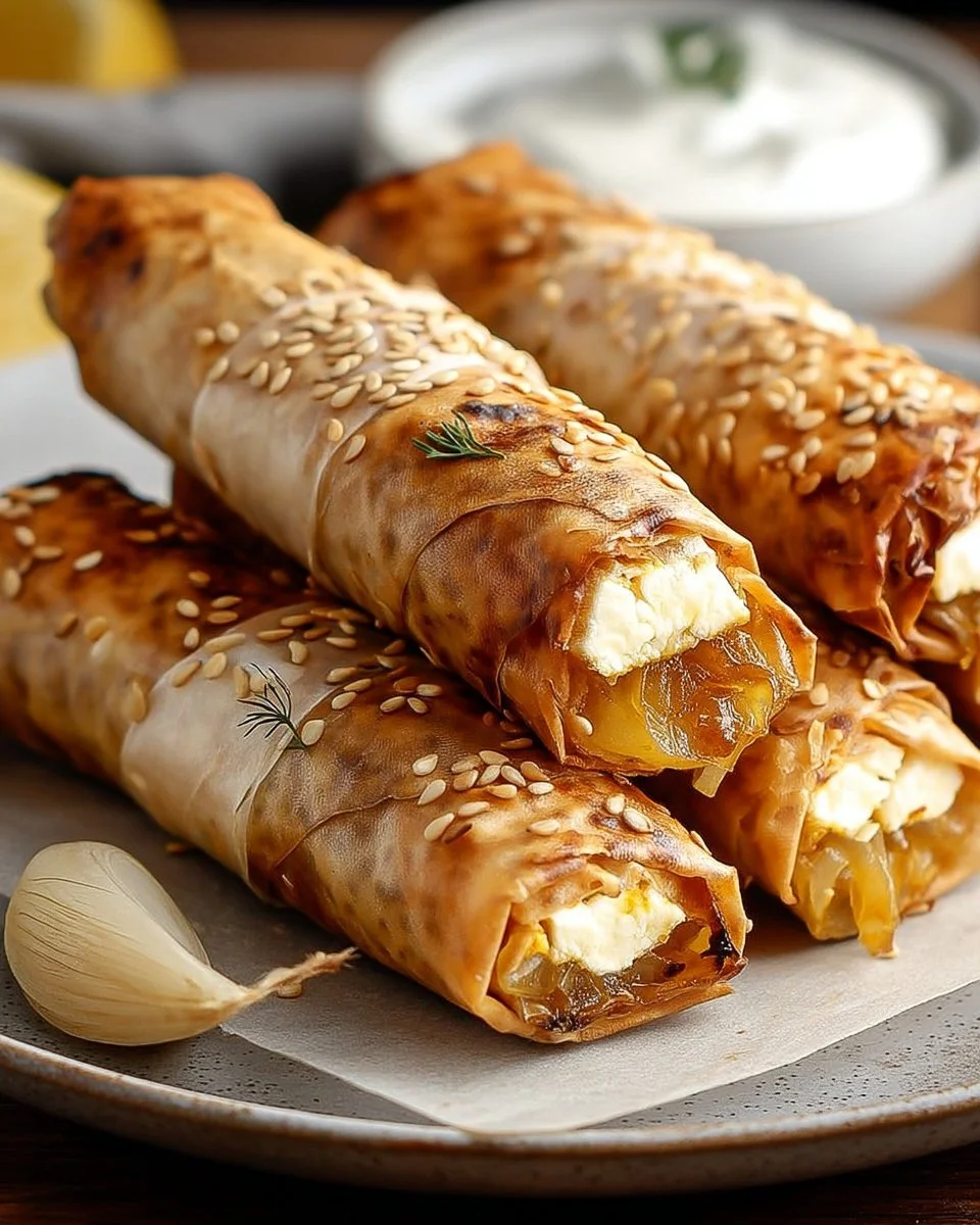 Cigares aux oignons caramélisés et fromage sur une assiette