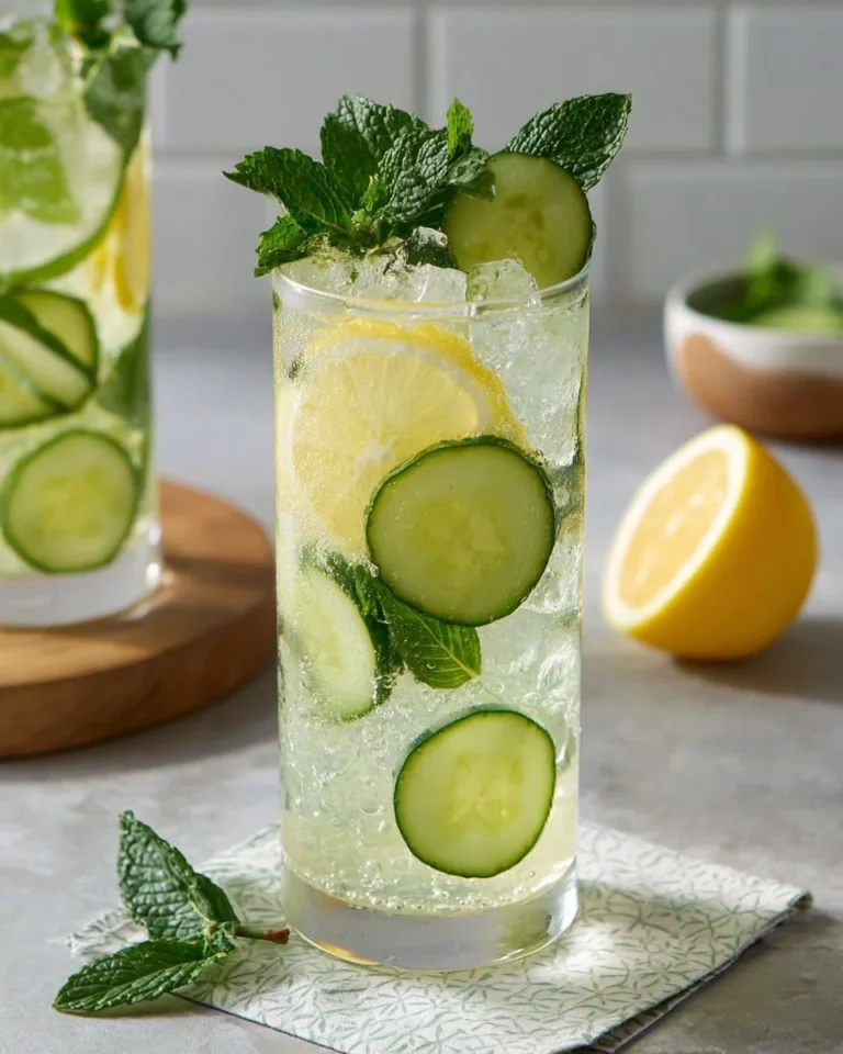 Cocktail Concombre-Menthe-Citron rafraîchissant servi dans un verre élégant.