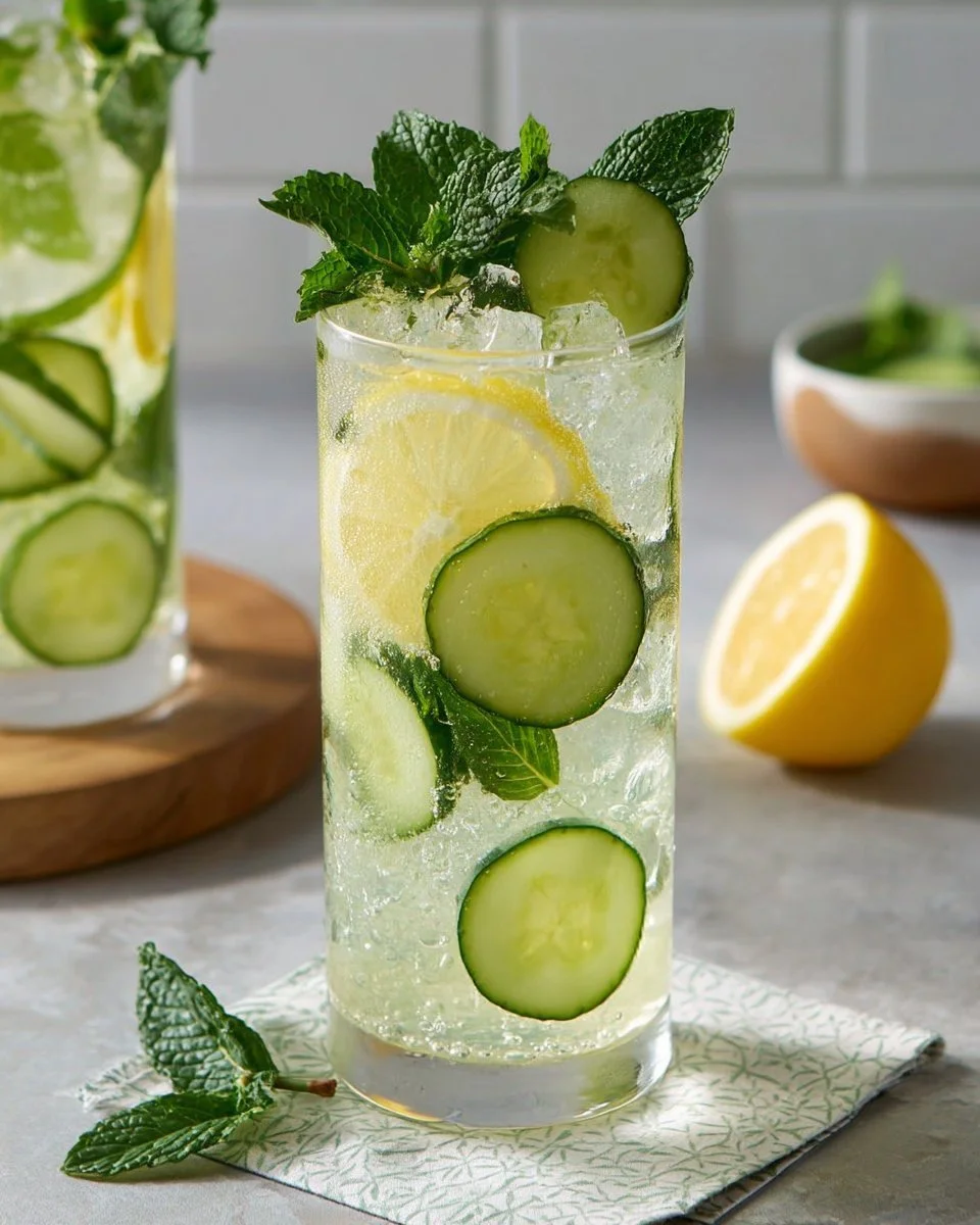 Cocktail Concombre-Menthe-Citron rafraîchissant servi dans un verre élégant.