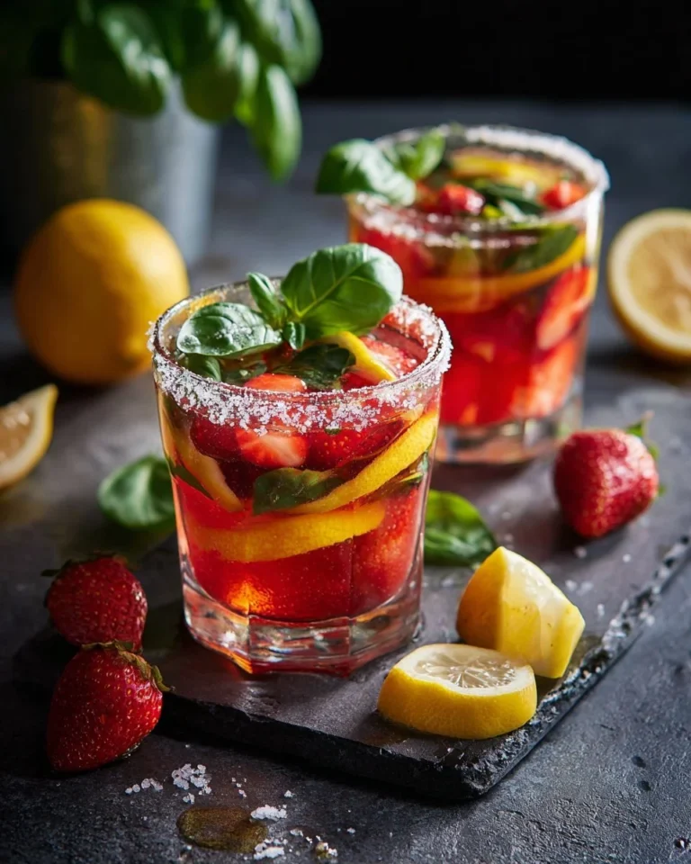 Cocktail fraise-basilic rafraîchissant dans un verre élégant.