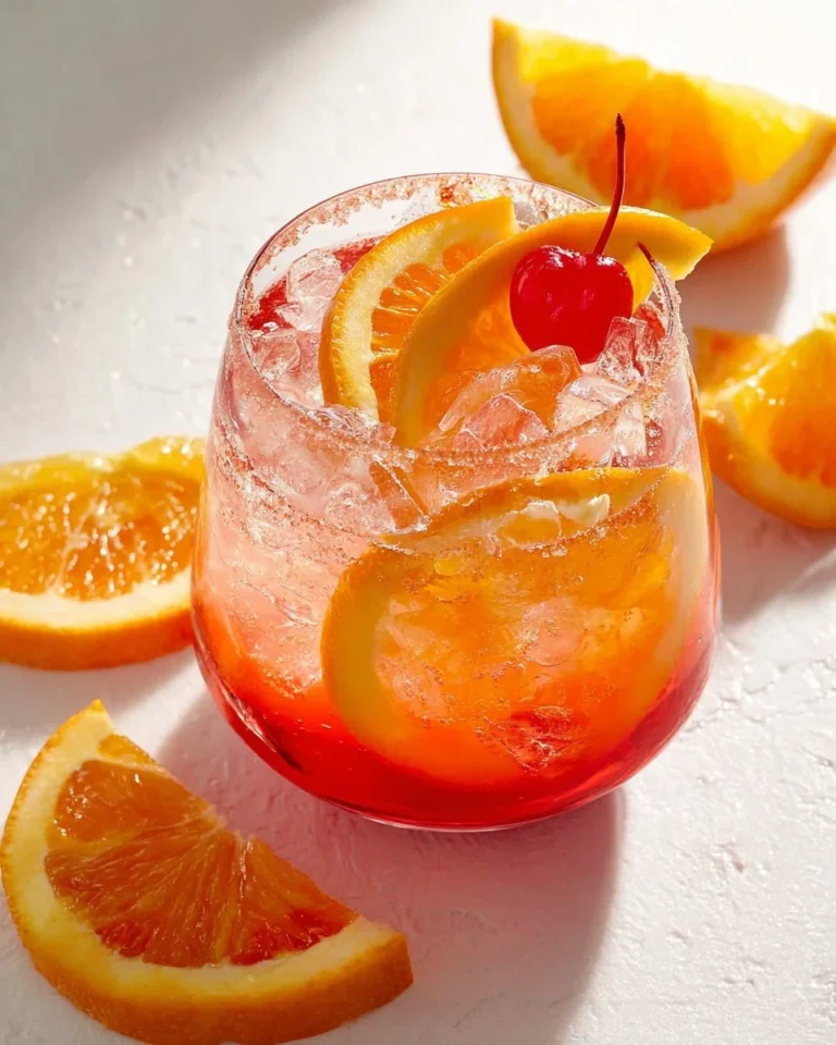 Cocktail orange-grenade coloré et fruité servi dans un verre.