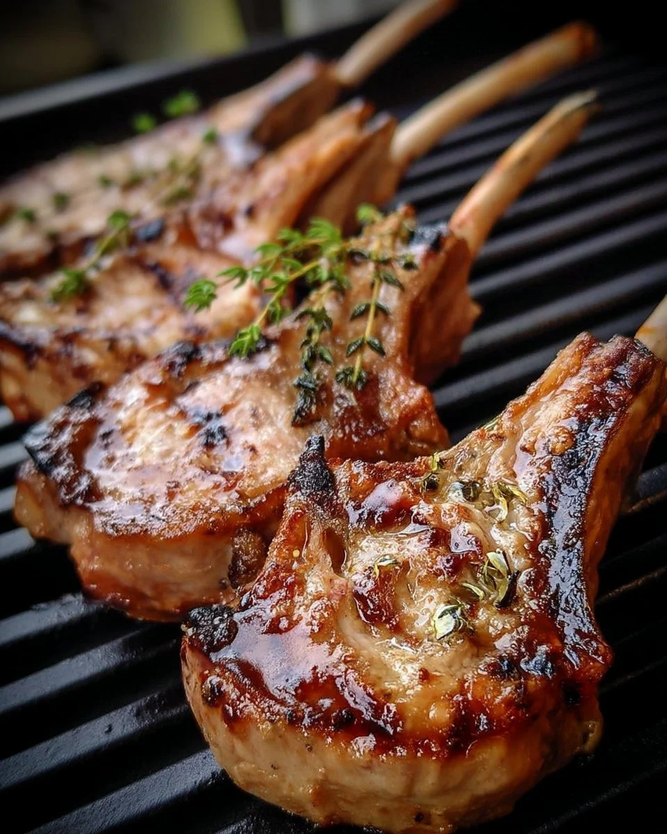 Côtelettes d’agneau au miel et au thym, plat savoureux, prêt à être dégusté.