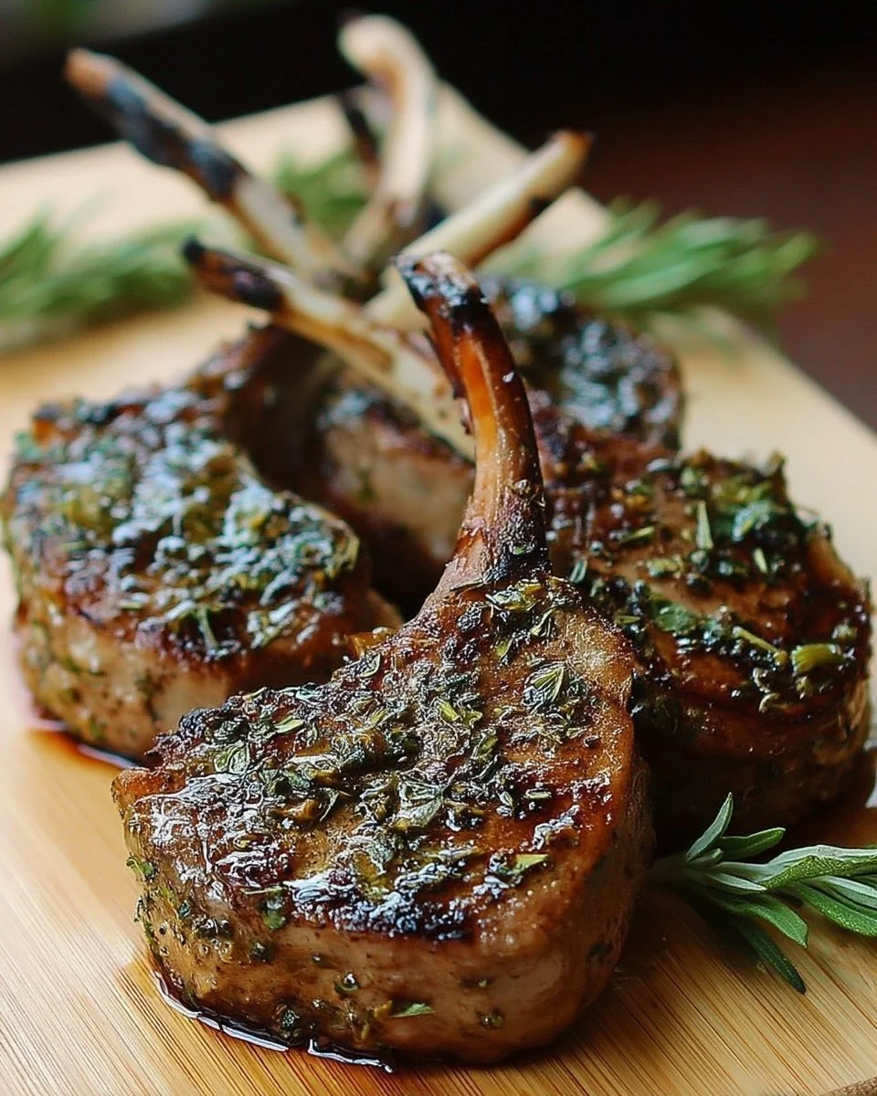 Côtelettes d'agneau aux herbes de Provence prêtes à servir.