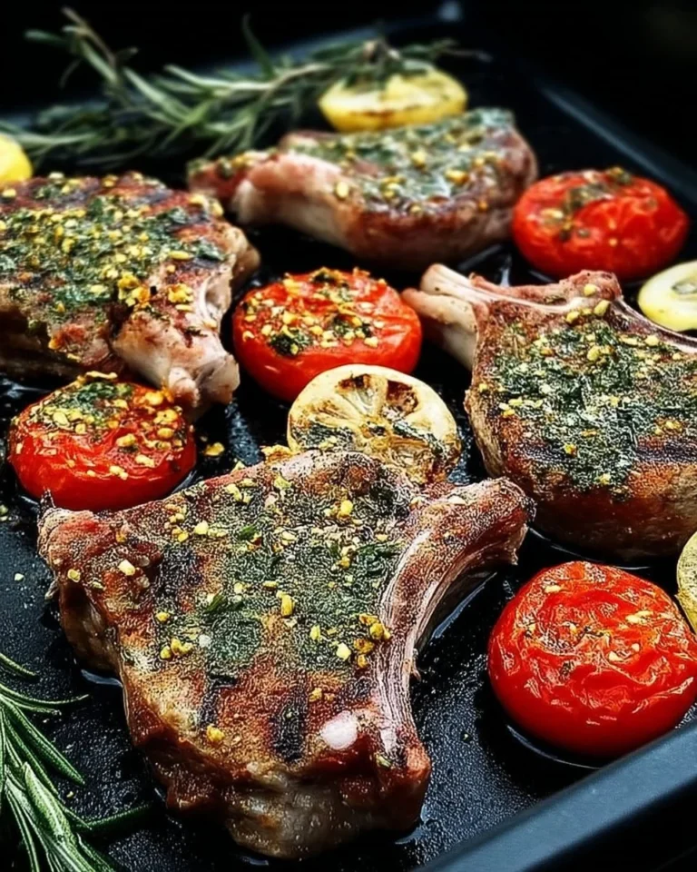 Côtelettes d'agneau grillées aux herbes avec tomates rôties sur plat élégant.