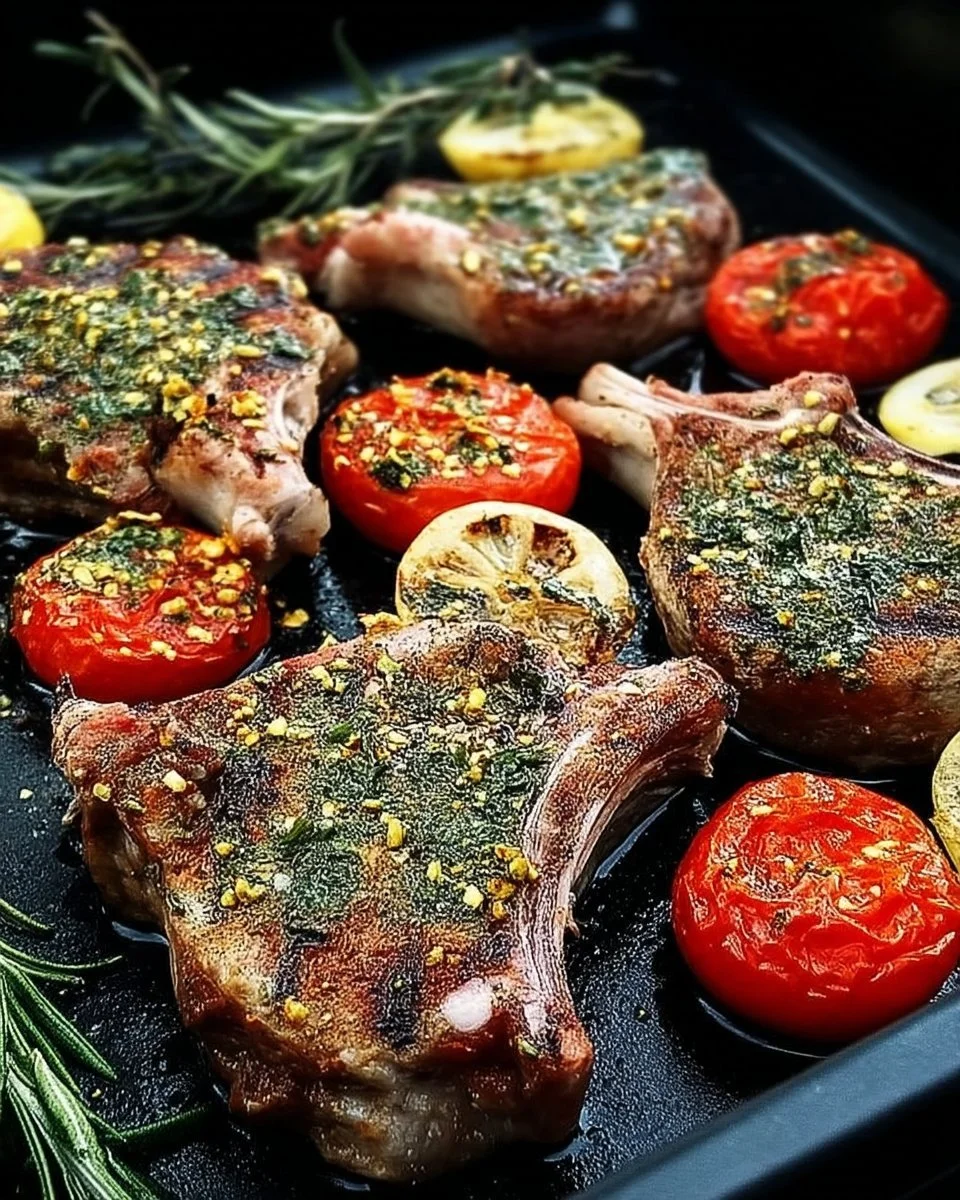 Côtelettes d'agneau grillées aux herbes avec tomates rôties sur plat élégant.