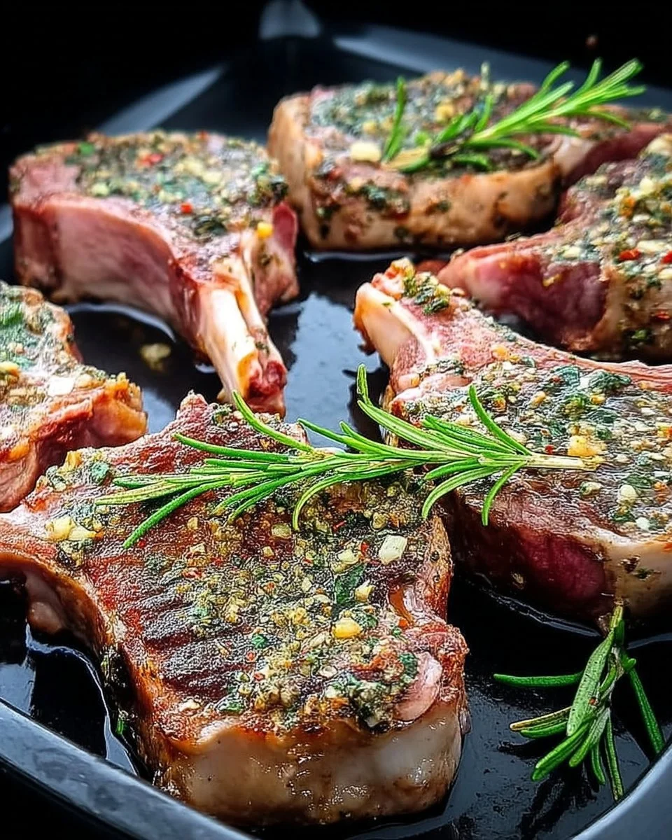 Côtelettes d'agneau marinées avec ail, herbes et romarin sur une assiette