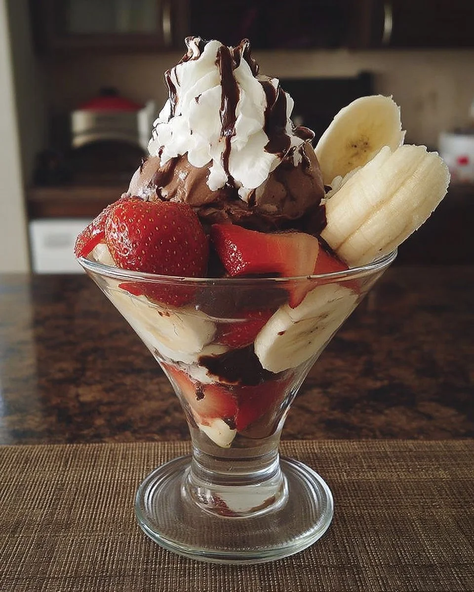 Coupe de Glaces Banane et Fraises avec des fruits frais et de la crème glacée