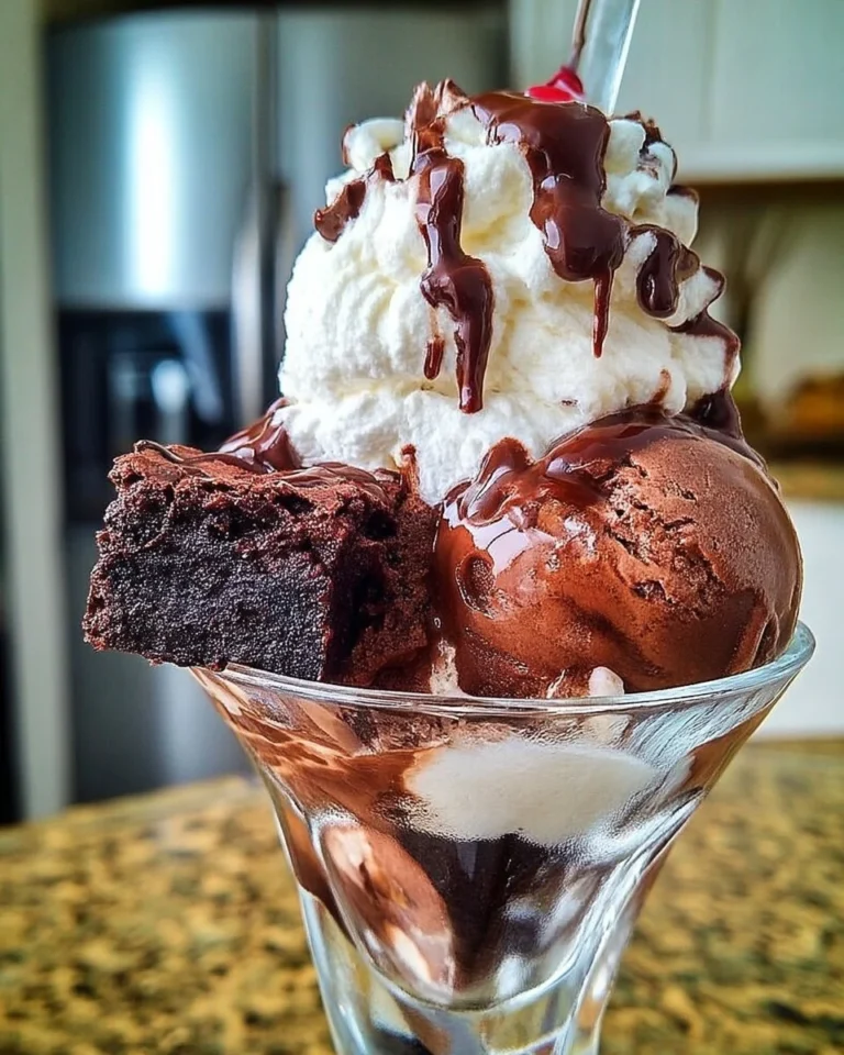 Coupe glacée chocolat avec morceaux de brownie maison, délicieuse et gourmande.