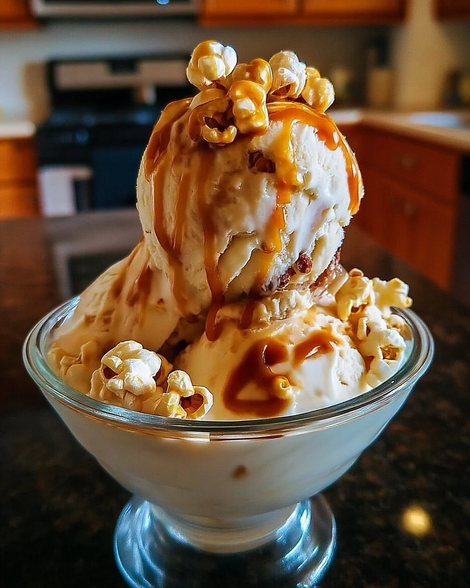 Coupe glacée vanille, caramel et popcorn croustillant