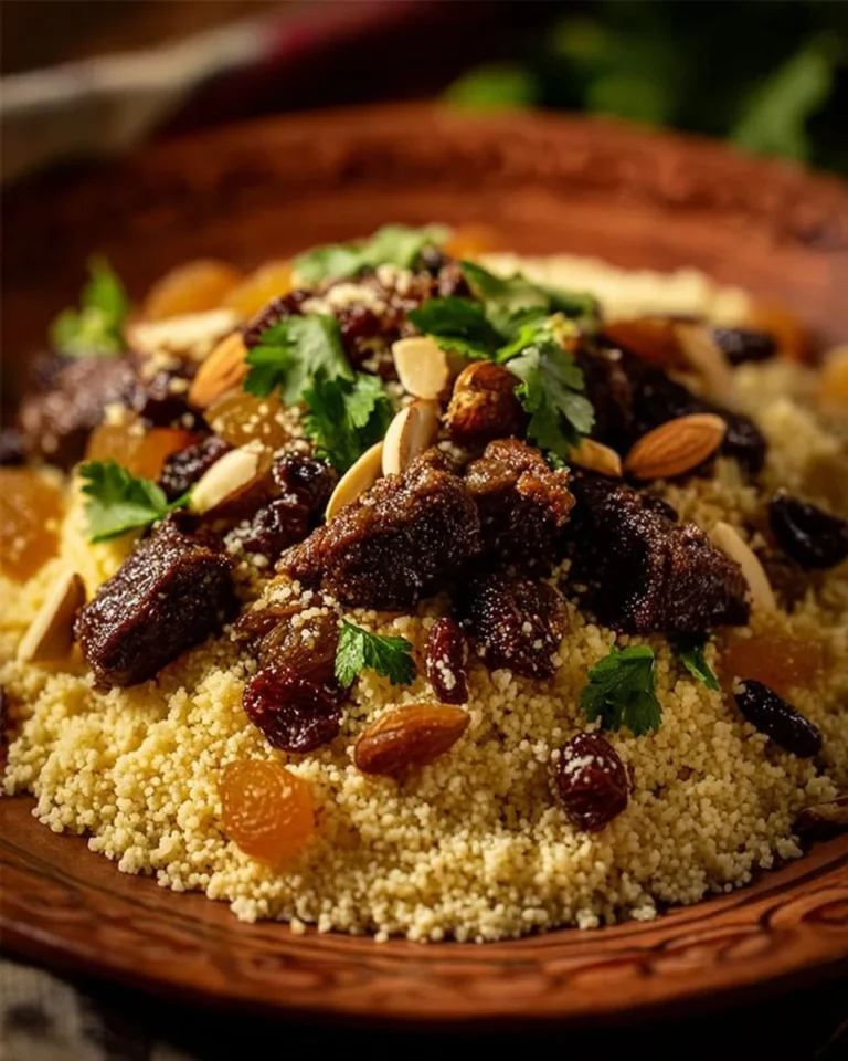 Couscous marocain aux raisins secs et amandes garni d'herbes fraiches.