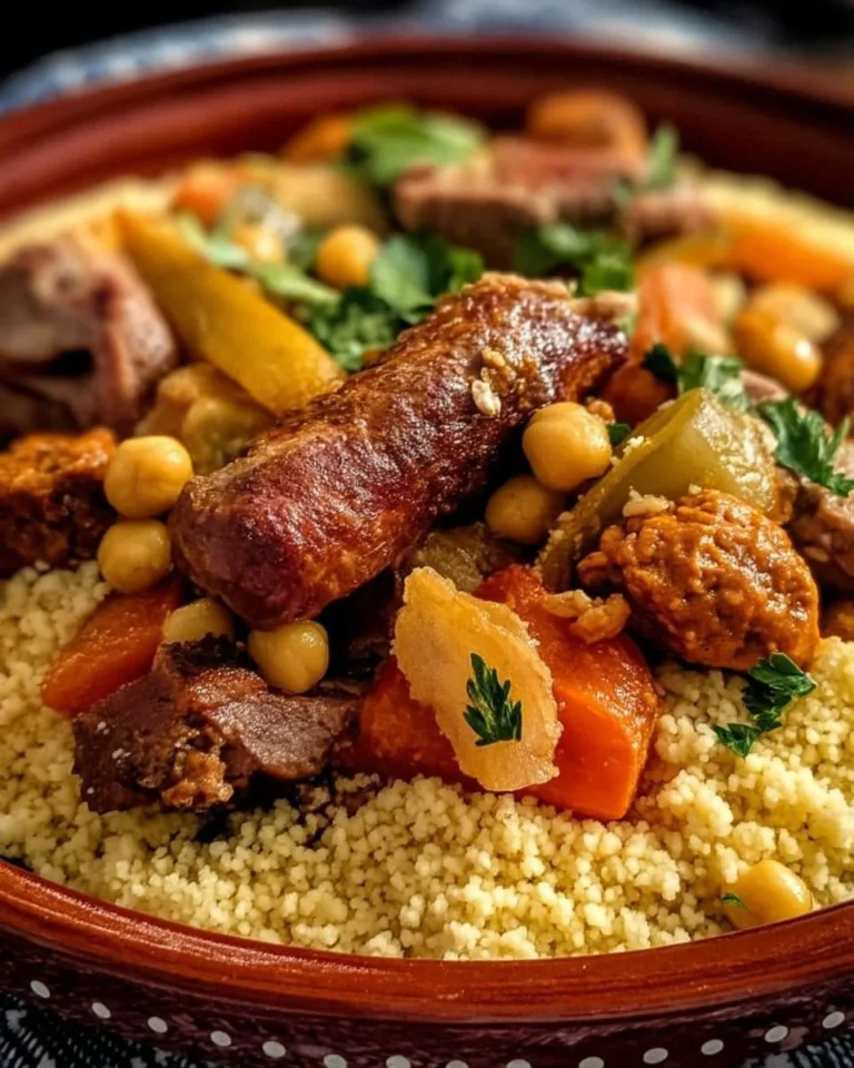 Couscous royal aux viandes et légumes, plat traditionnel plein de saveurs.