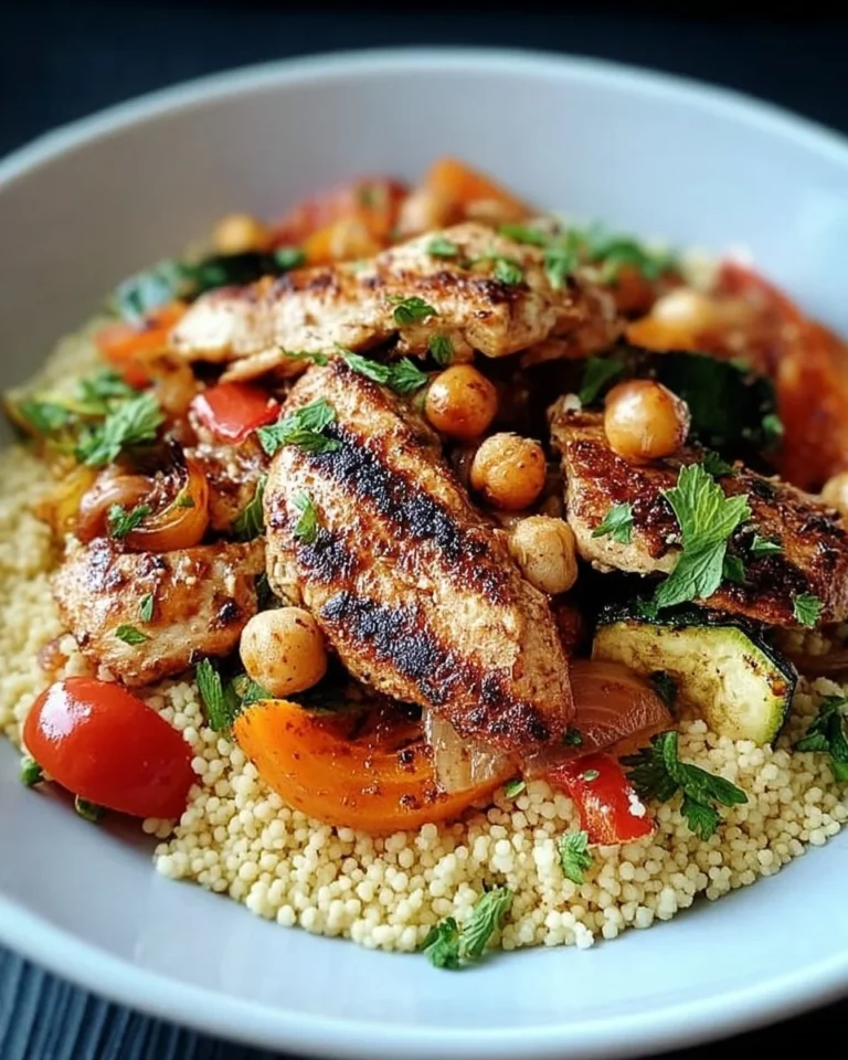Couscous savoureux avec légumes caramélisés et poulet grillé sur une assiette