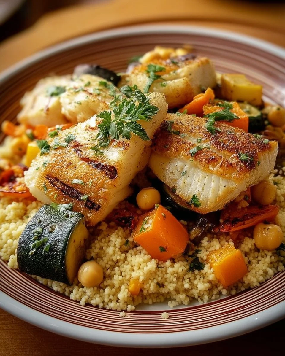 Couscous avec du poisson et légumes grillés sur une assiette colorée