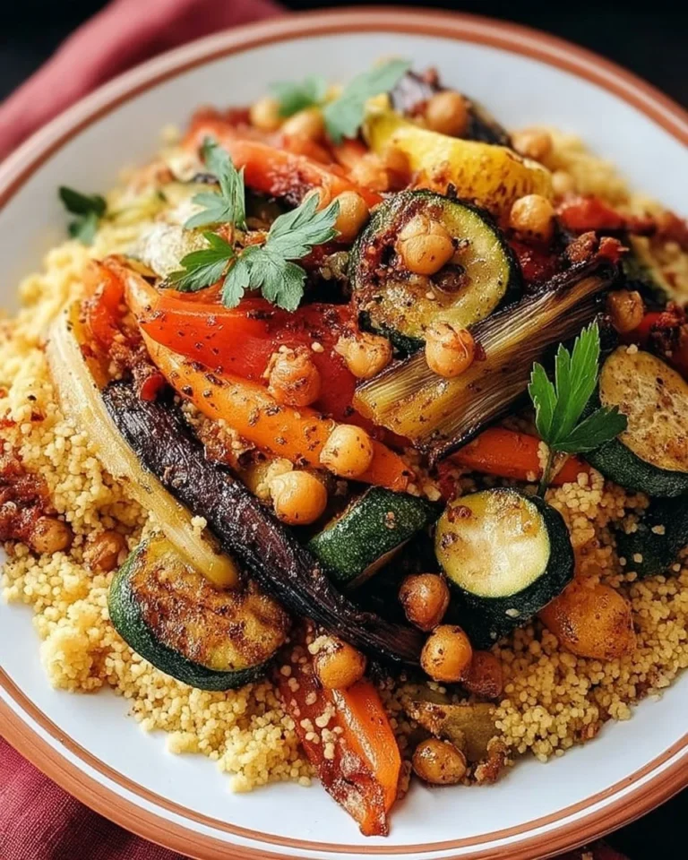 Couscous aux légumes grillés et sauce harissa sur une assiette colorée.