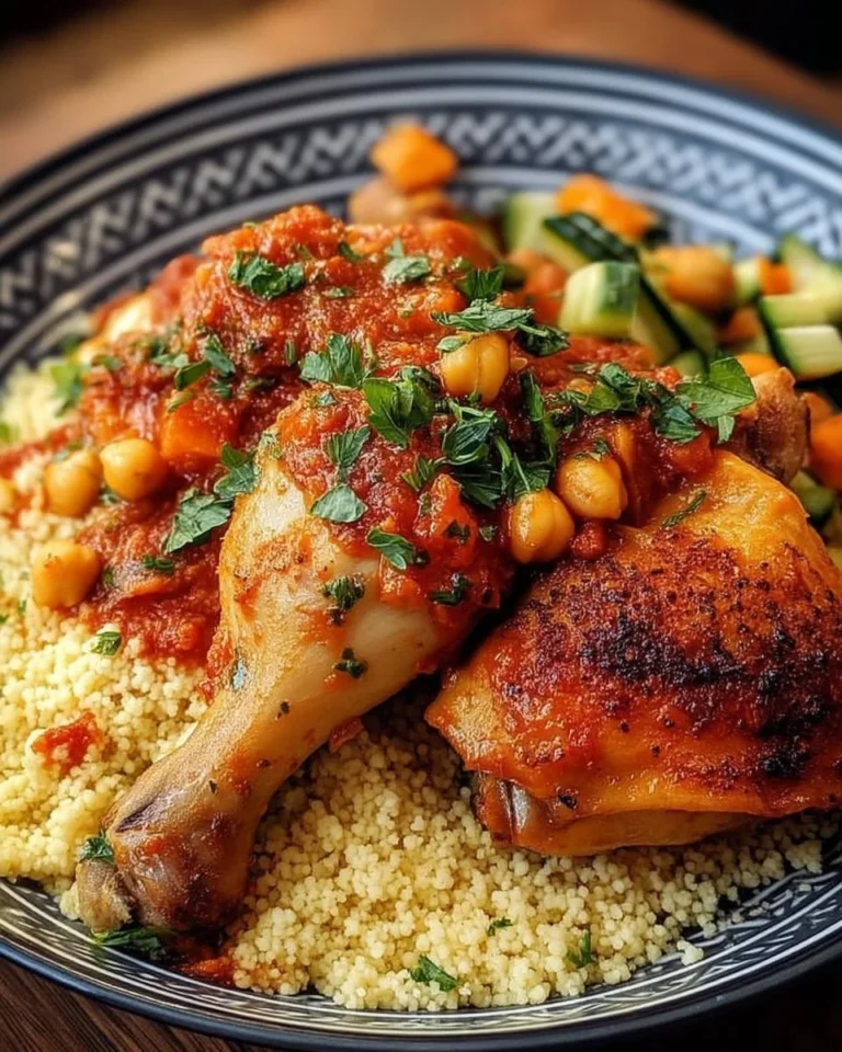 Couscous avec poulet rôti et sauce tomate épicée, plat savoureux et réconfortant