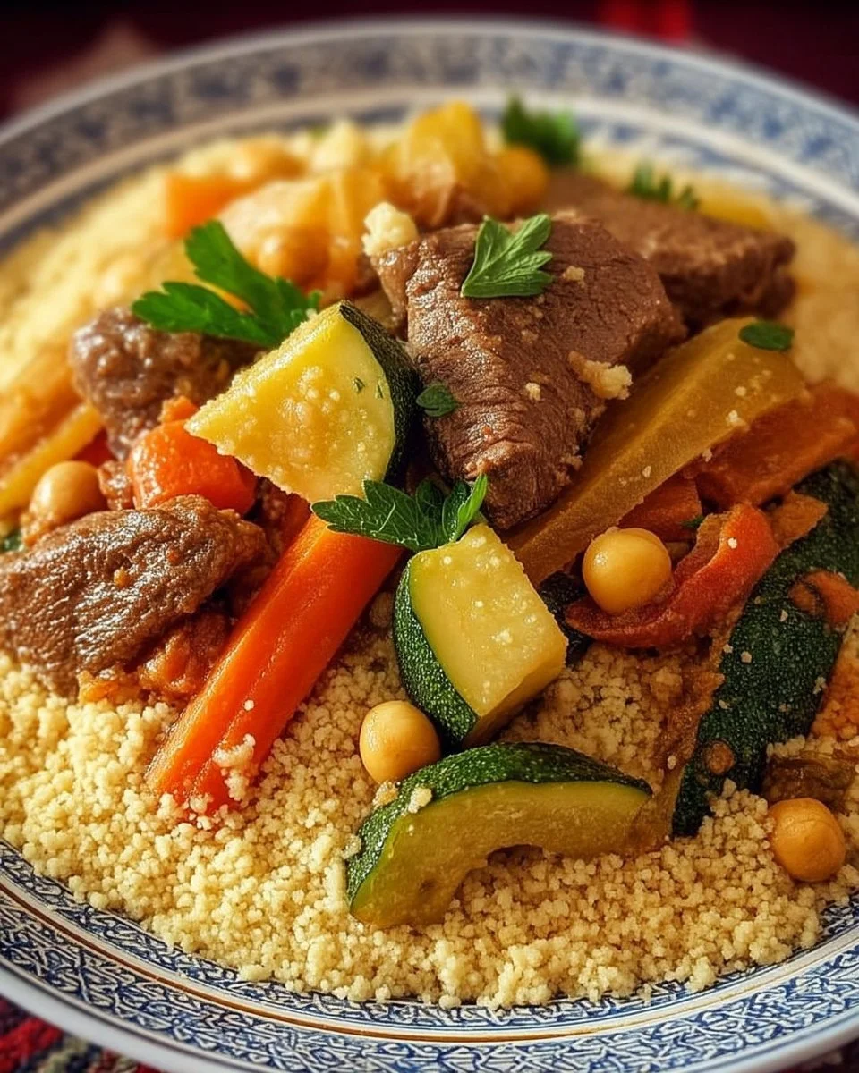 Couscous aux légumes et viande d'agneau préparé dans un plat réconfortant.