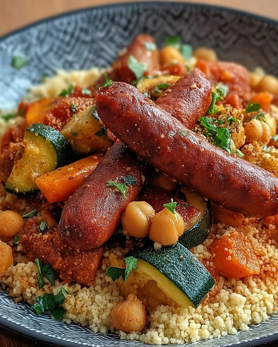 Couscous aux légumes et merguez épicées dans un plat coloré.