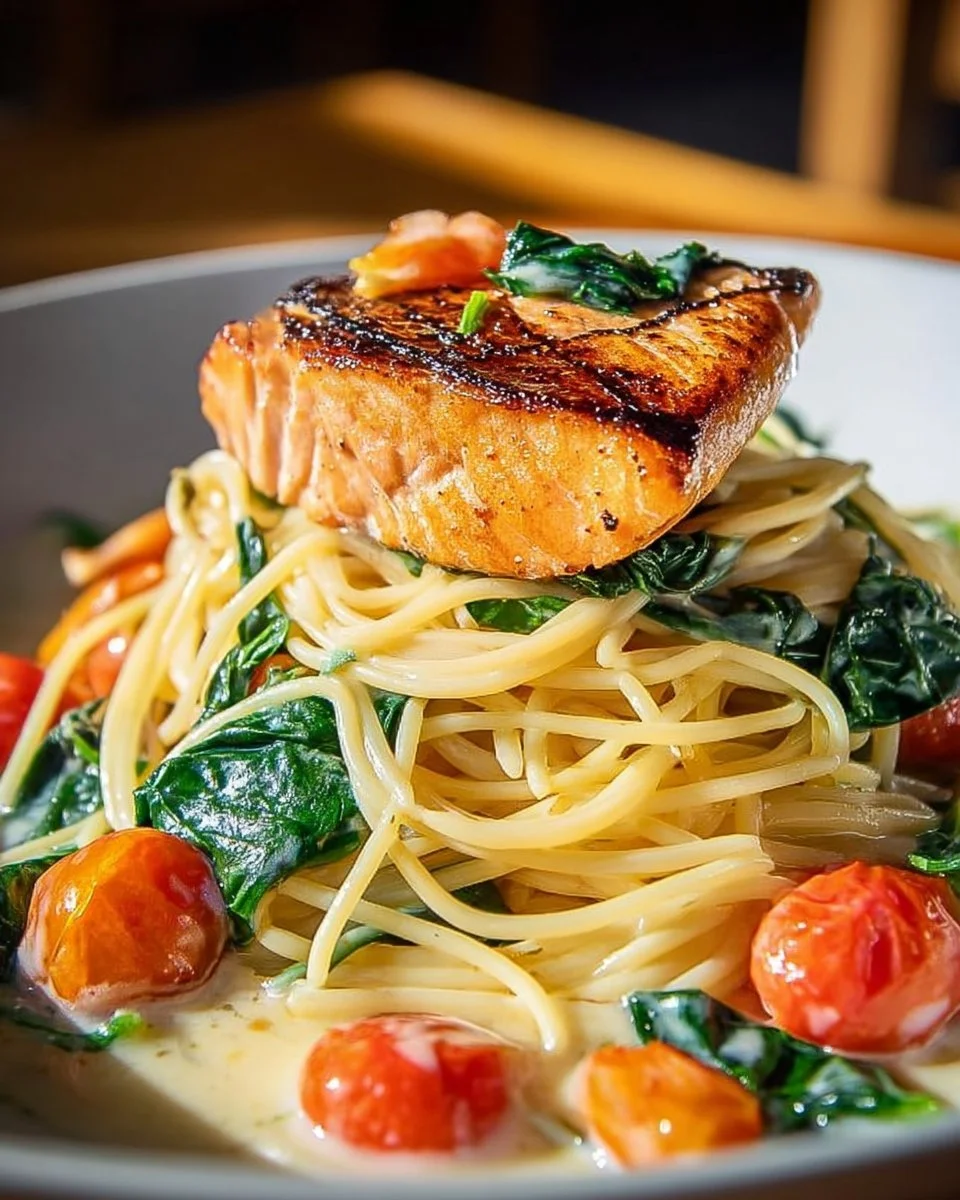 Pâtes crémeuses avec saumon, épinards, et tomates séchées dans une assiette