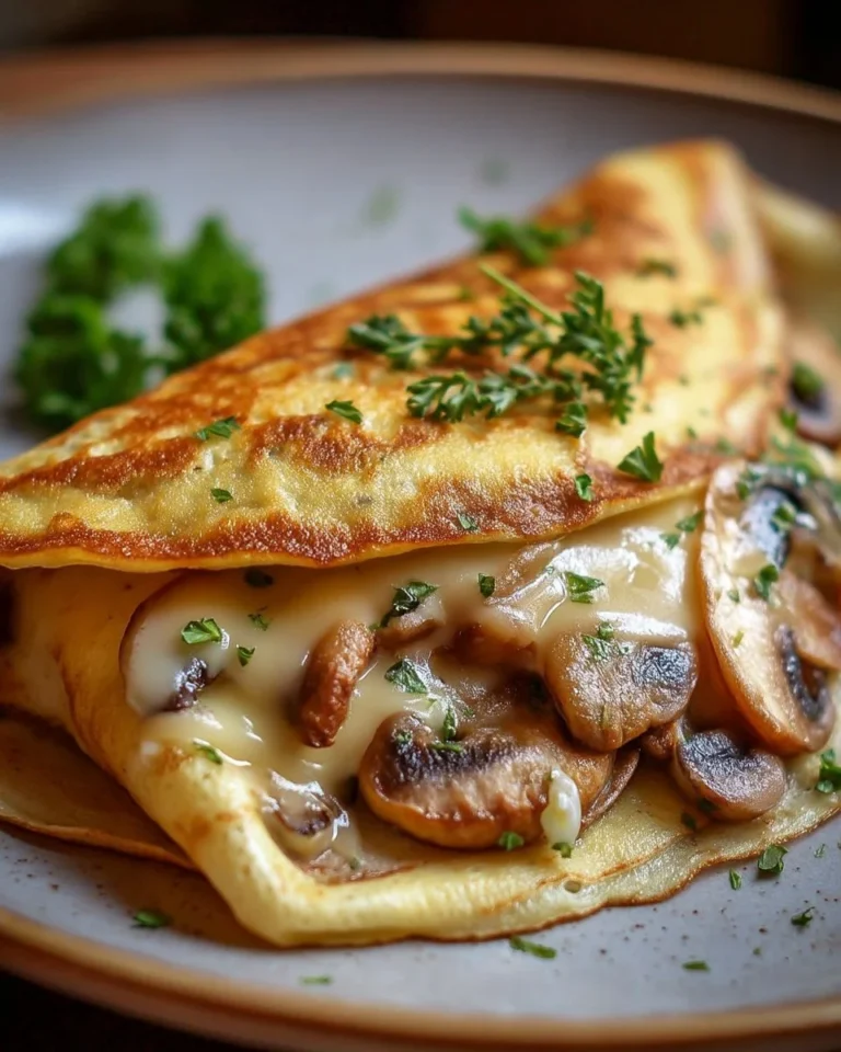 Crêpe salée aux champignons et herbes aromatiques servie sur une assiette
