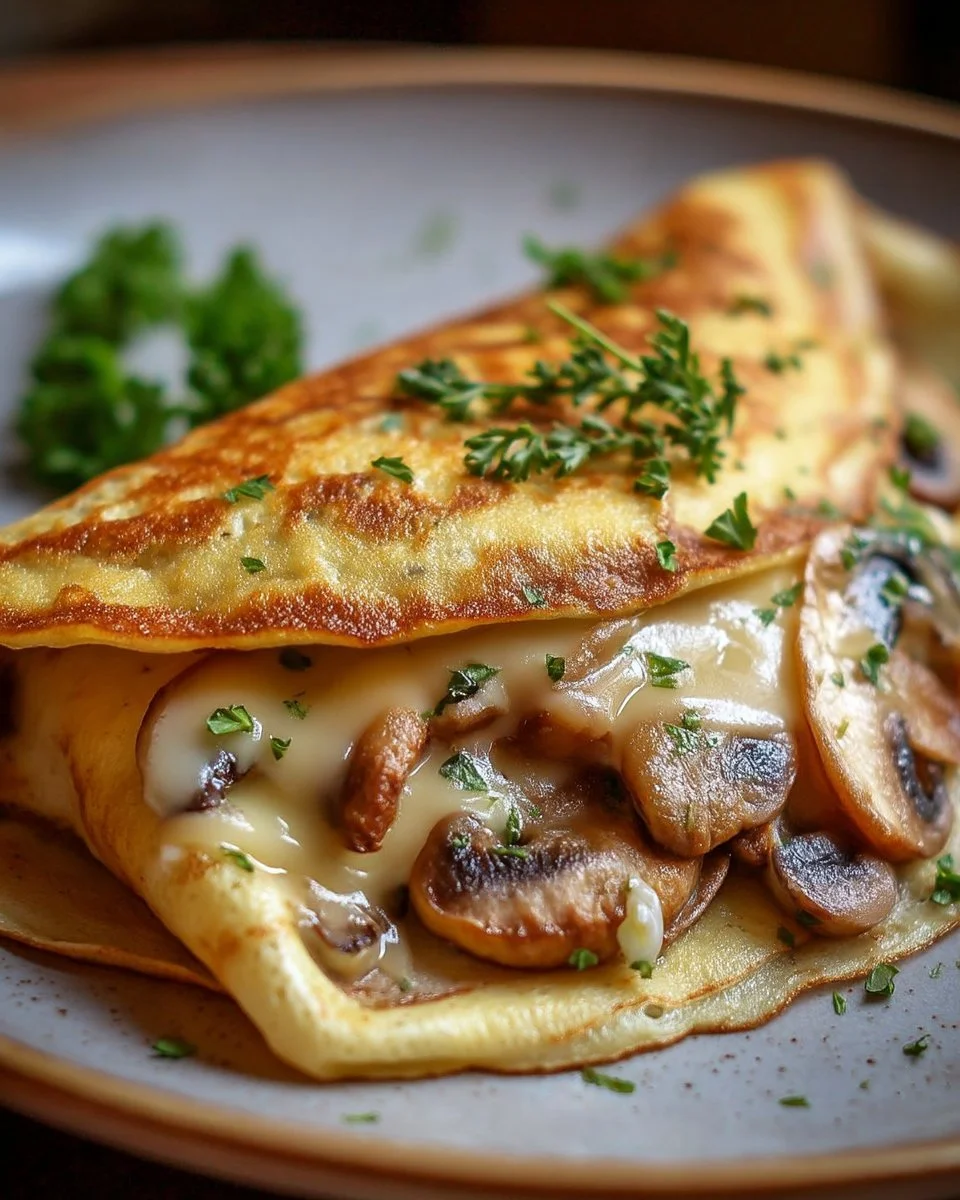 Crêpe salée aux champignons et herbes aromatiques servie sur une assiette