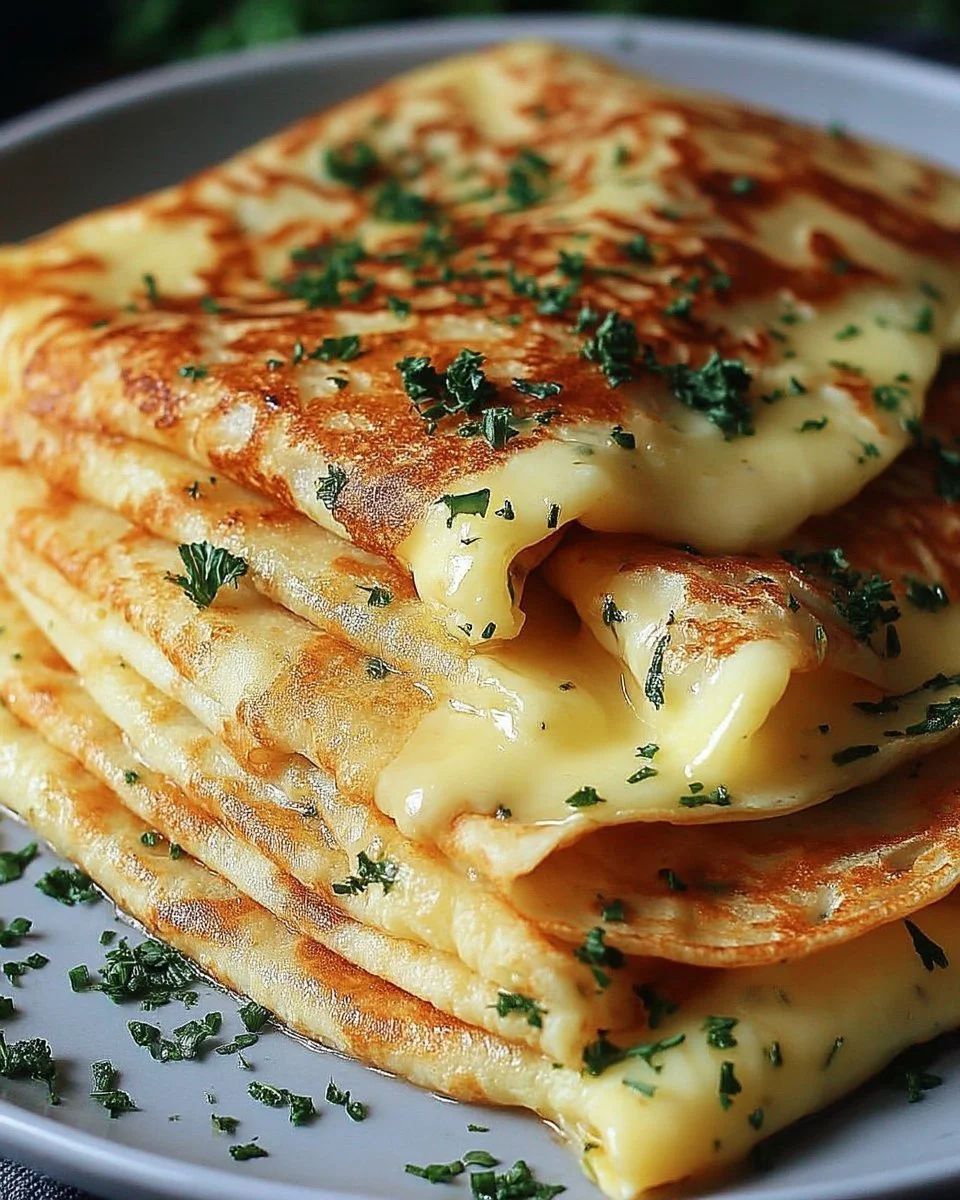 Crêpes au fromage garnies d'herbes fraîches, prêtes à déguster.