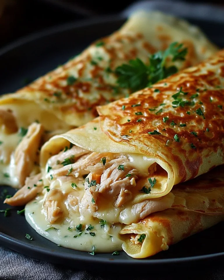 Crêpes au poulet garnies de fromage fondu et d'herbes fraîches