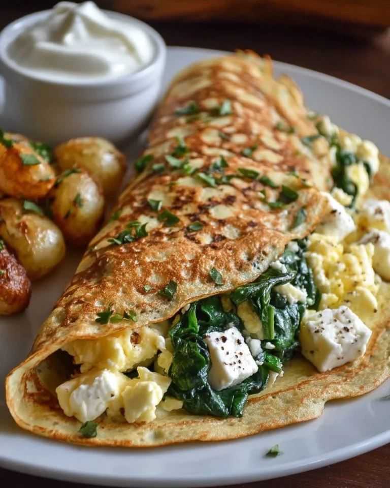 Crêpes garnies d'œufs brouillés, épinards et feta, prêtes à déguster.