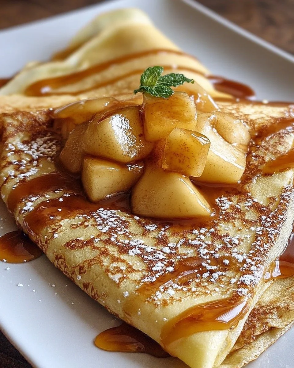 Crêpes aux pommes caramélisées garnies de caramel et de pommes dorées