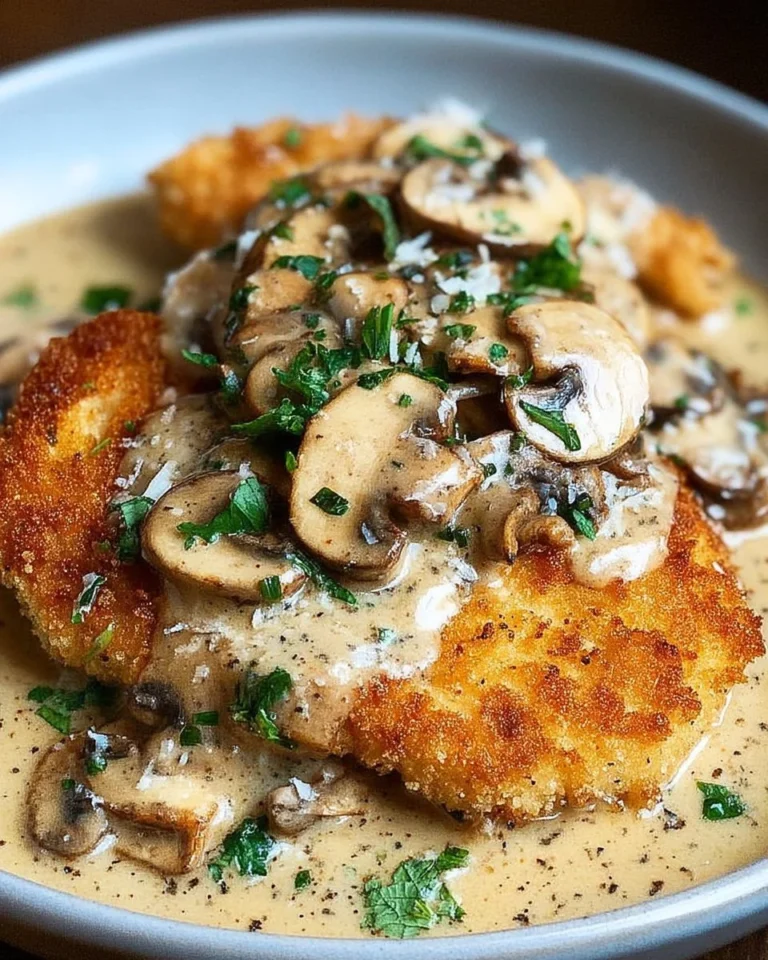 Poulet croustillant doré avec sauce aux champignons et parmesan