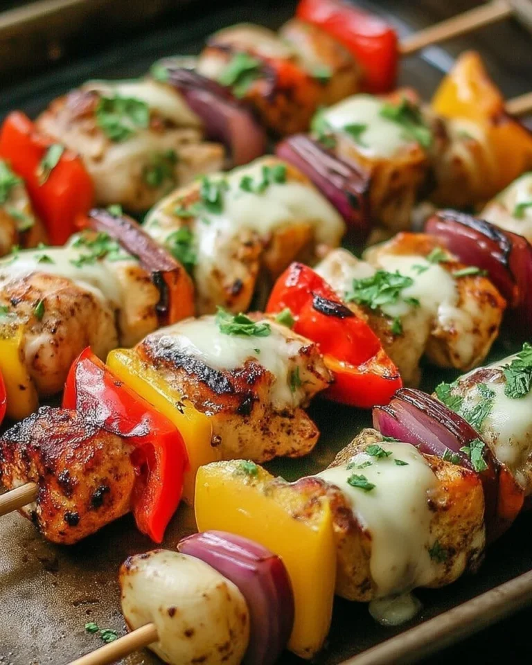Brochettes de pommes de terre croustillantes avec poulet, légumes et fromage grillé.