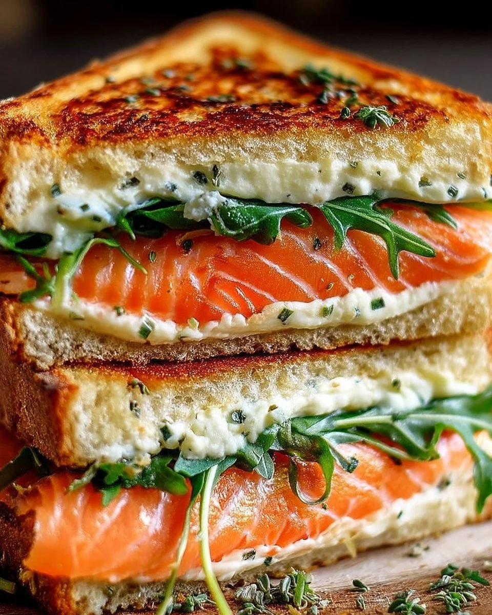 Croque au saumon fumé prêt à être dégusté, plat savoureux et réconfortant.