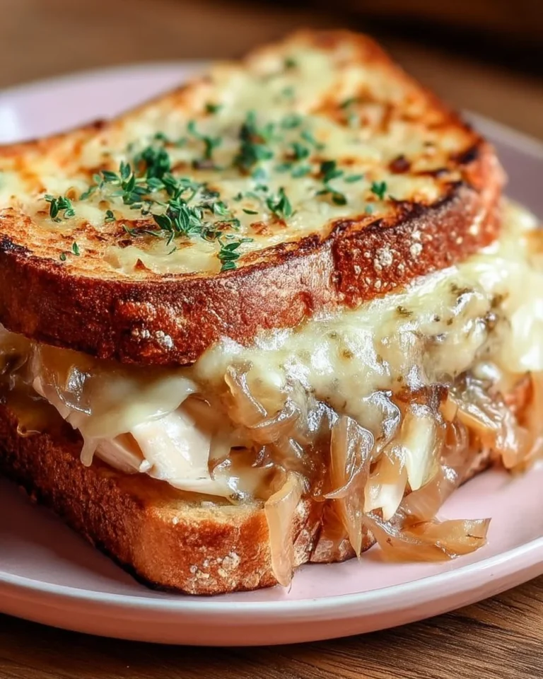 Croque Poulet savoureux avec oignons caramélisés délicieusement fondants