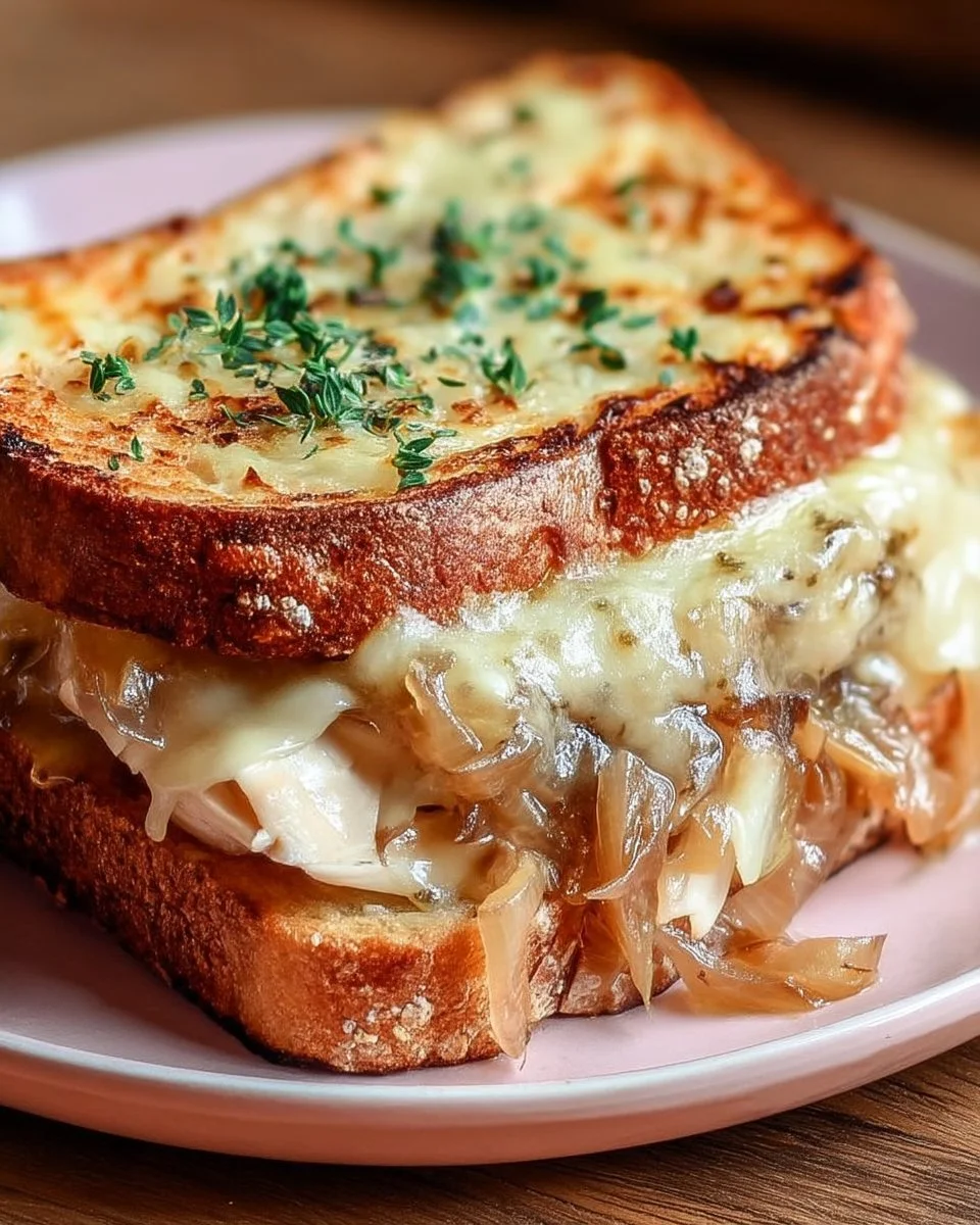 Croque Poulet savoureux avec oignons caramélisés délicieusement fondants