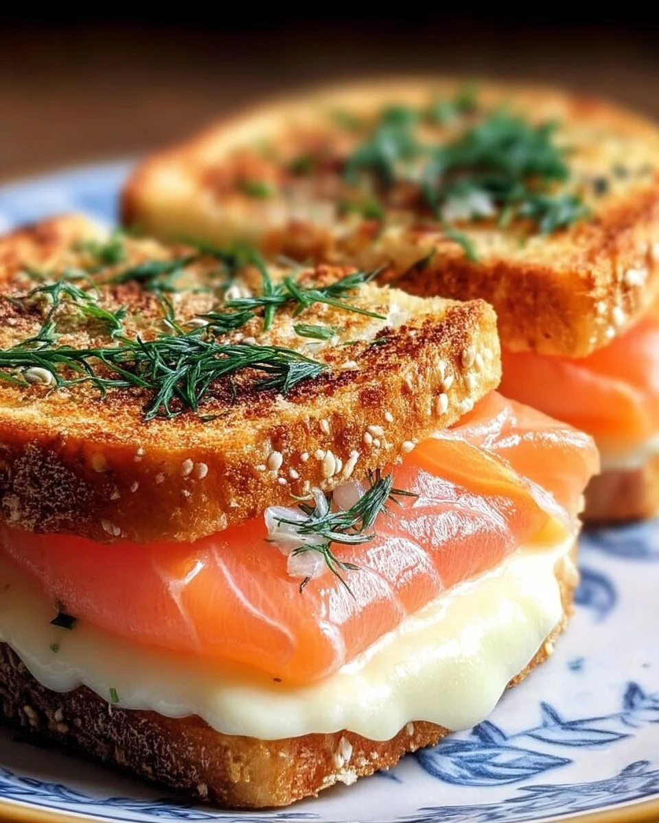 Croque Saumon Fumé & Aneth savoureux et bien présenté sur une assiette