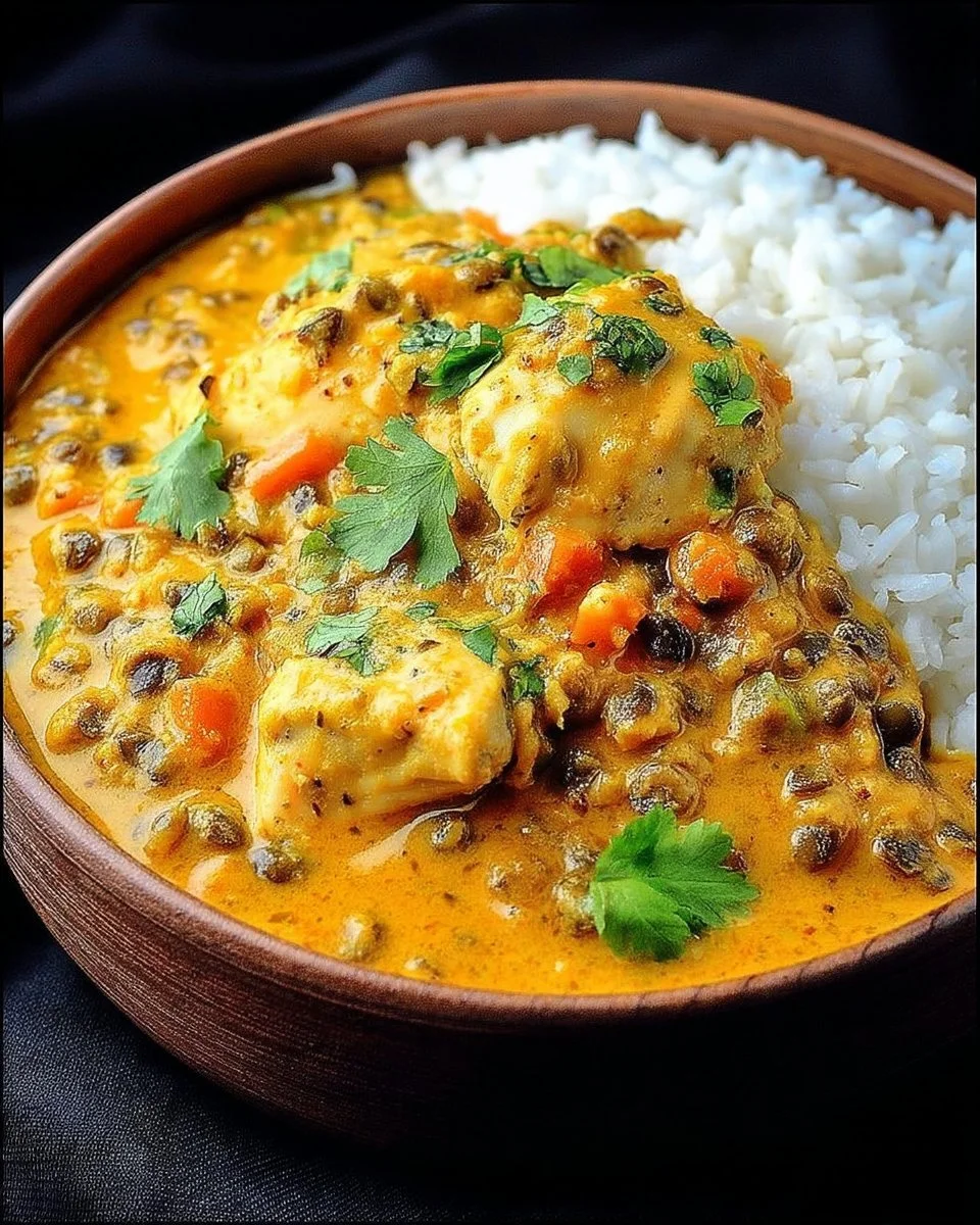 Curry crémeux de lentilles et poulet au lait de coco dans un plat appétissant