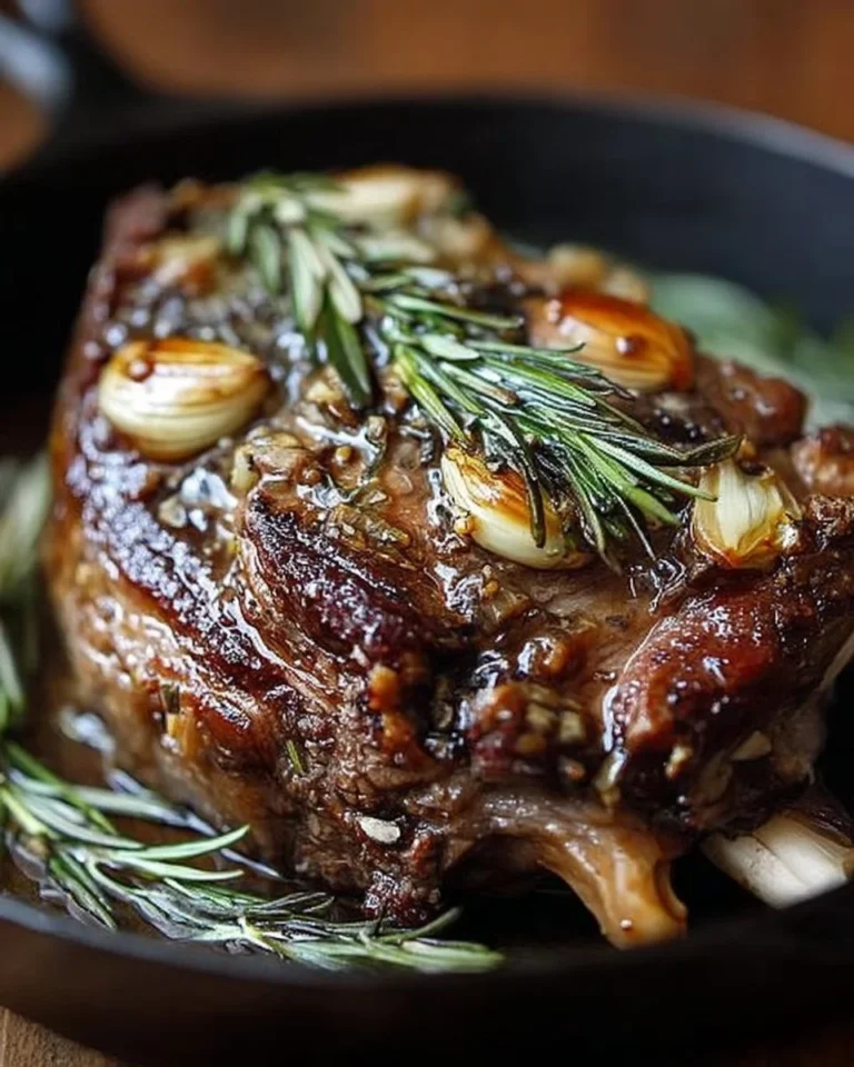 Épaule d'agneau rôtie lentement au romarin, ail et glaçage au miel sur un plat.