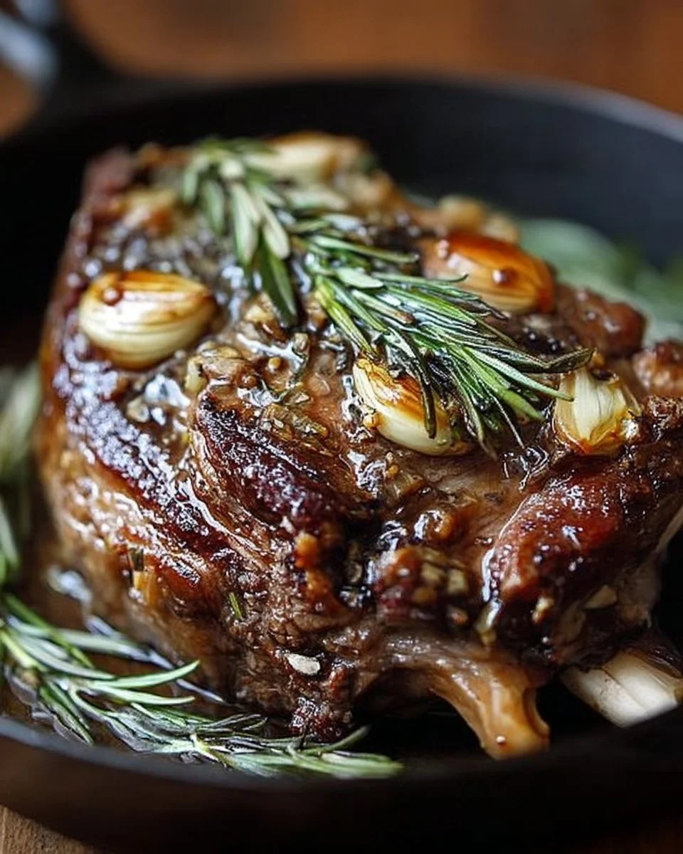 Épaule d'agneau rôtie lentement au romarin, ail et glaçage au miel sur un plat.