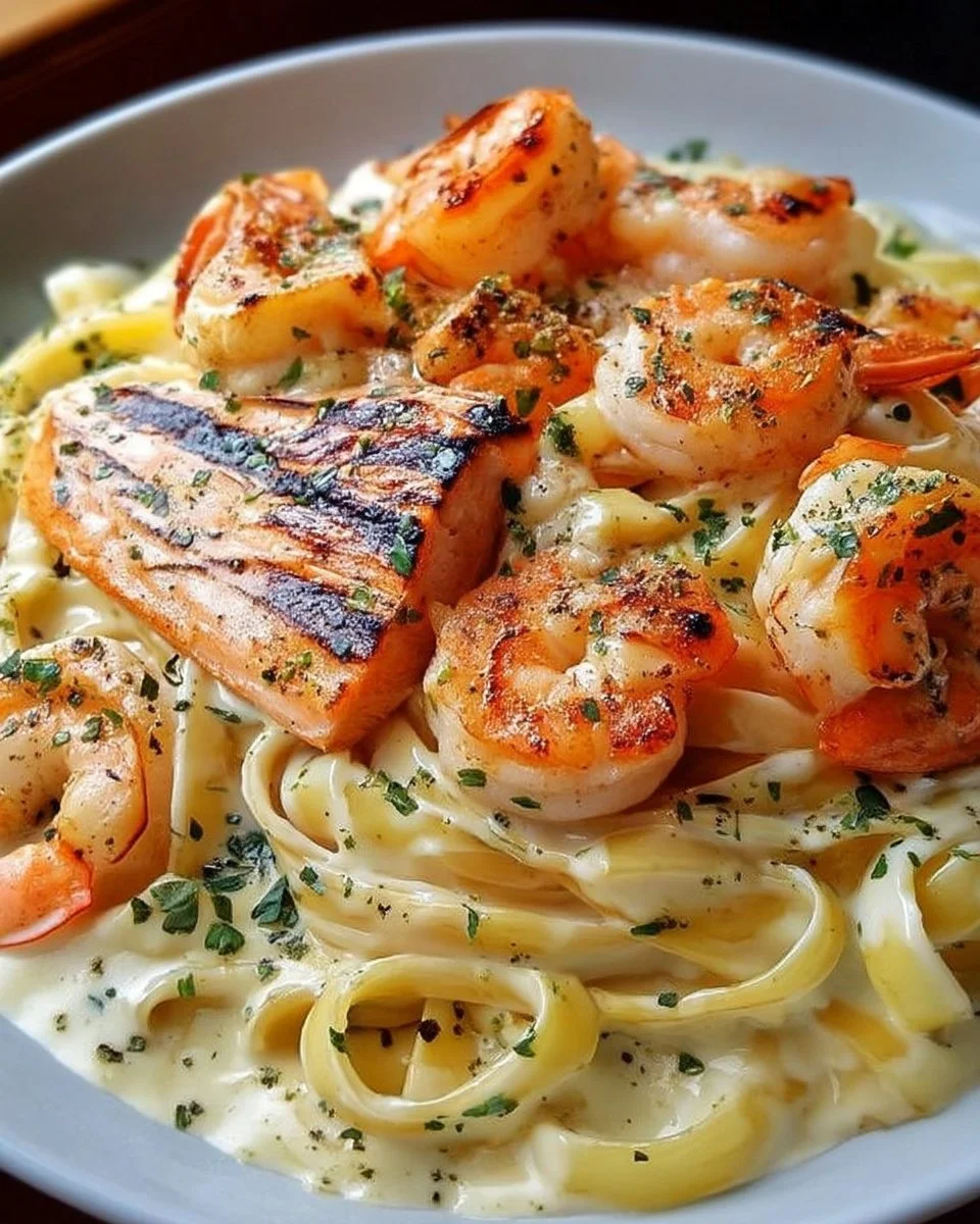 Assiette de Fettuccine Alfredo aux fruits de mer avec saumon et crevettes