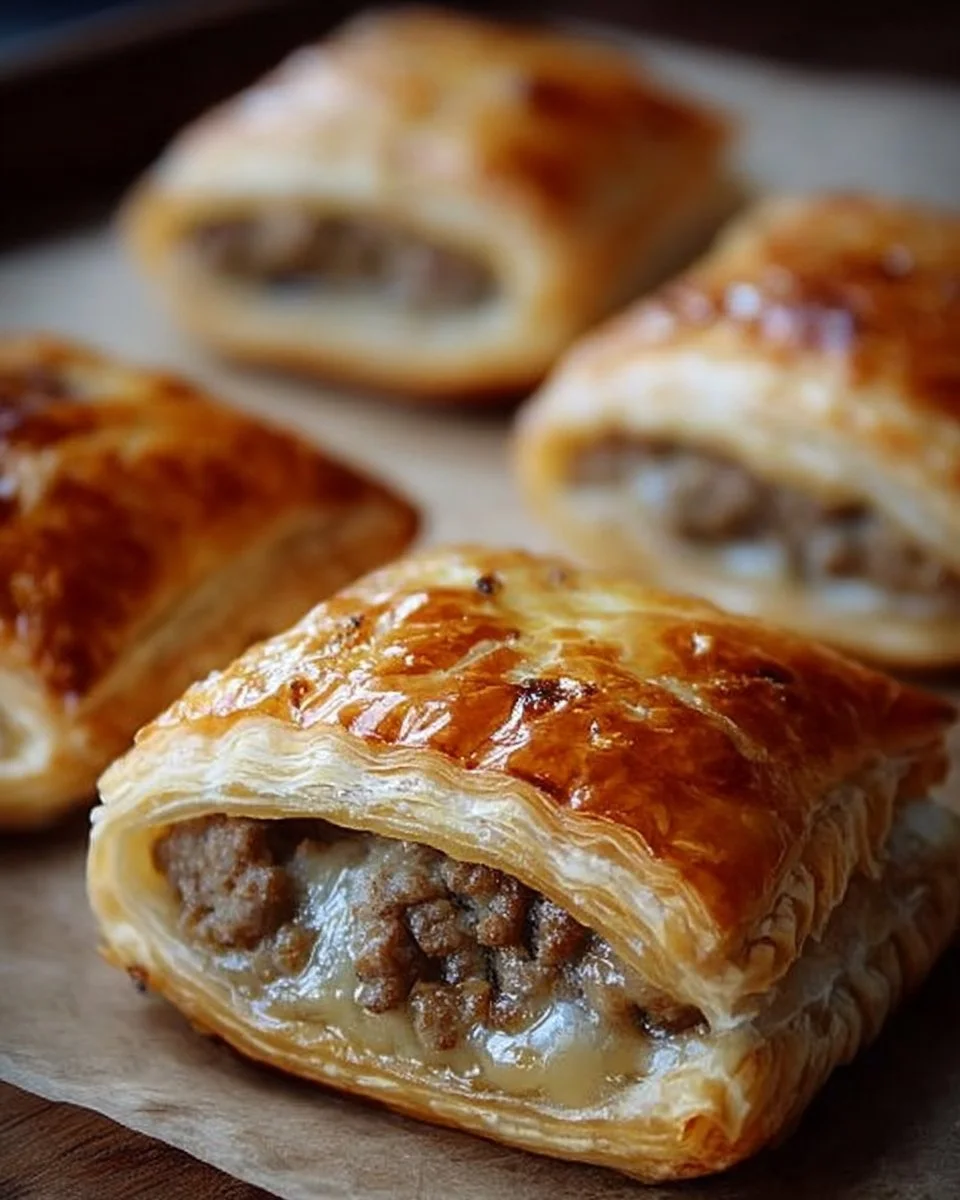 Feuilleté à la viande hachée et fromage, croustillant et savoureux.