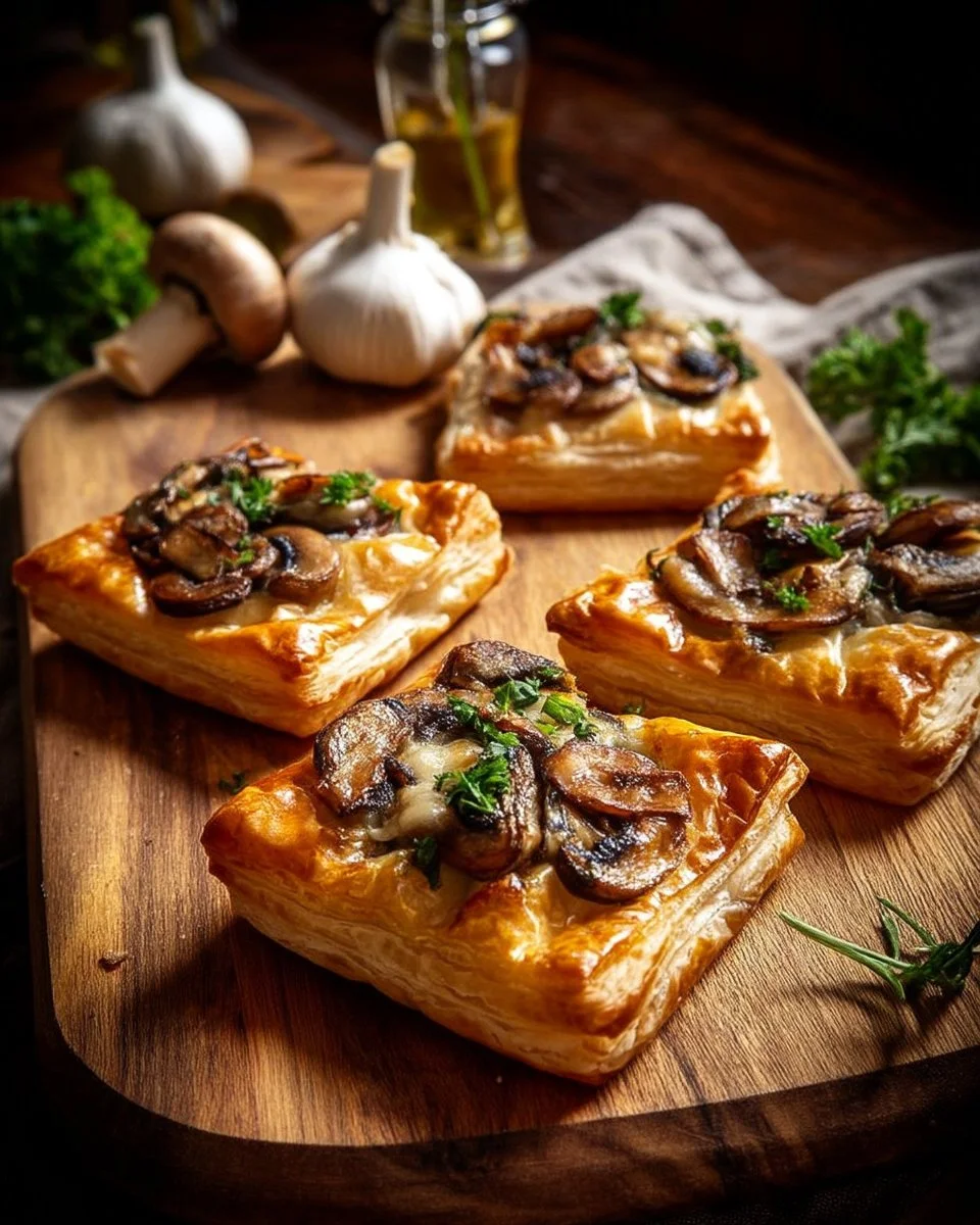 Feuilletés apéritifs aux champignons et à l'ail sur une assiette