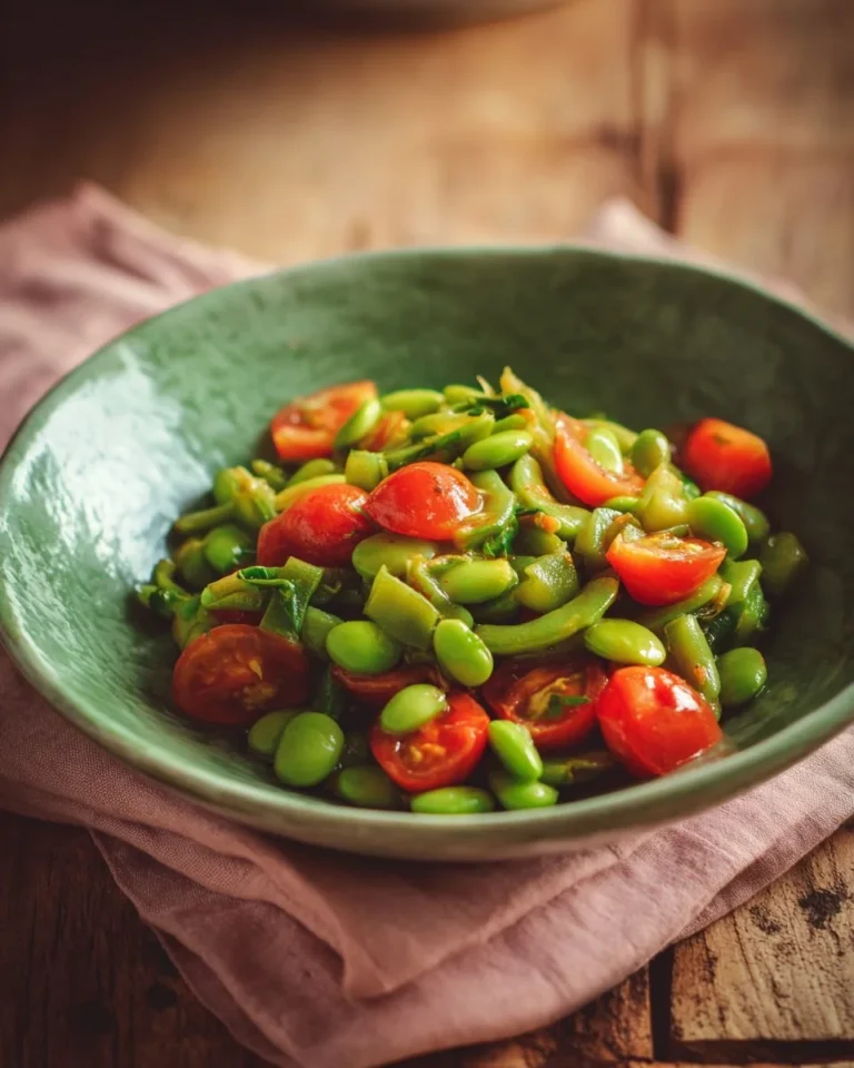Plat de fèves aux tomates cerises fraîches et savoureuses