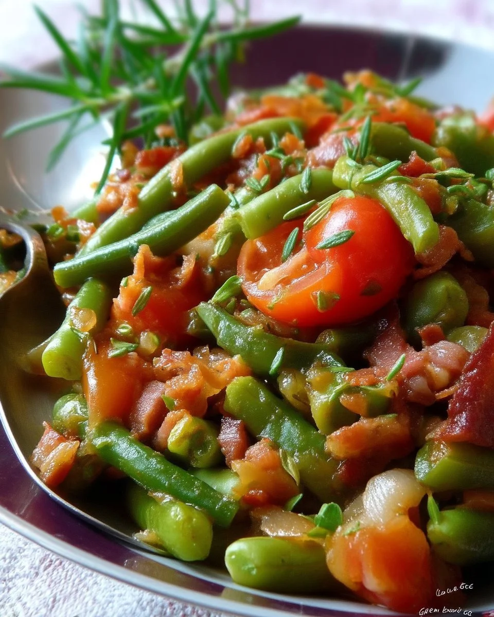 Fèves fraîches à la tomate et lardons dans une assiette, plat délicieux et coloré.