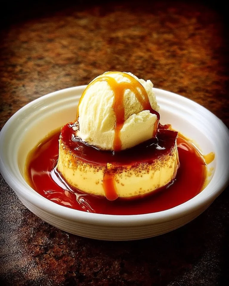 Flan caramel servi avec une boule de glace vanille